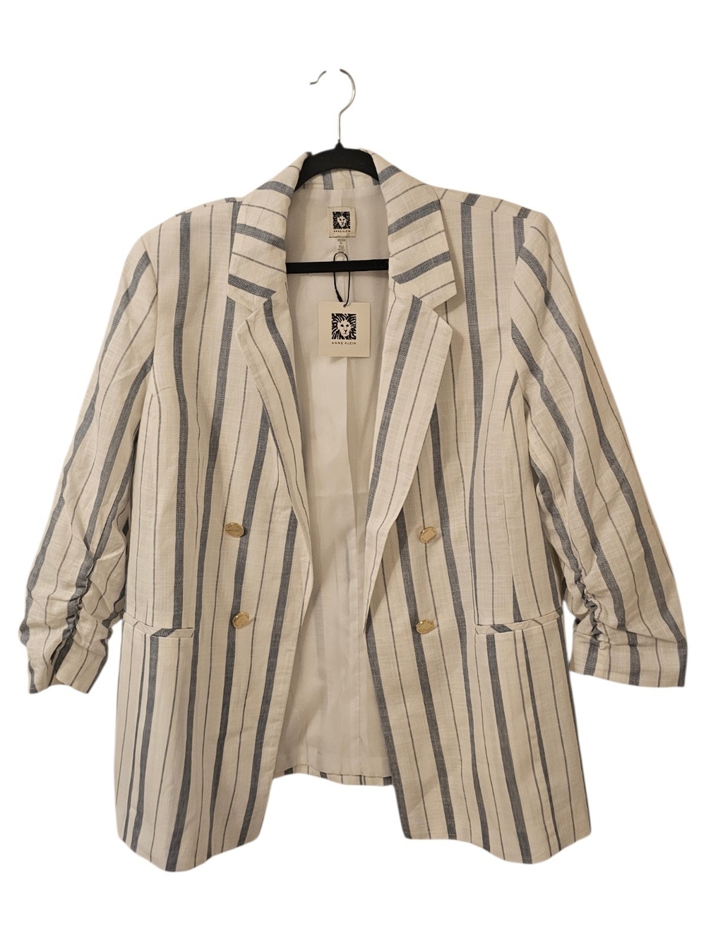 White and Blue Anne Klein Women's Cotton Striped Blazer